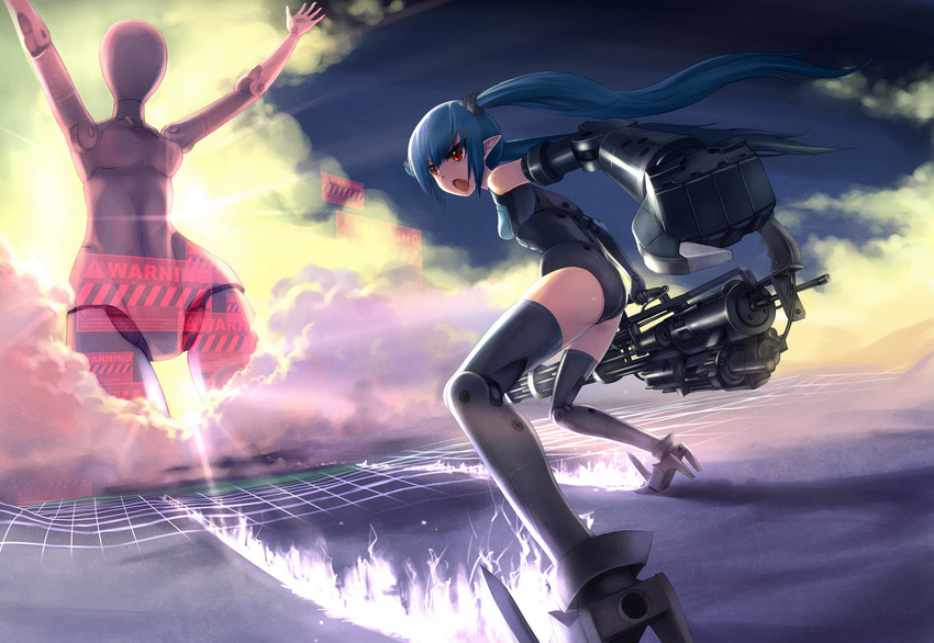 bad_id bad_pixiv_id blue_hair busou_shinki doll_joints fang gatling_gun gun high_heels highres mannequin observerz pointy_ears red_eyes shoes sky strarf thighhighs twintails weapon