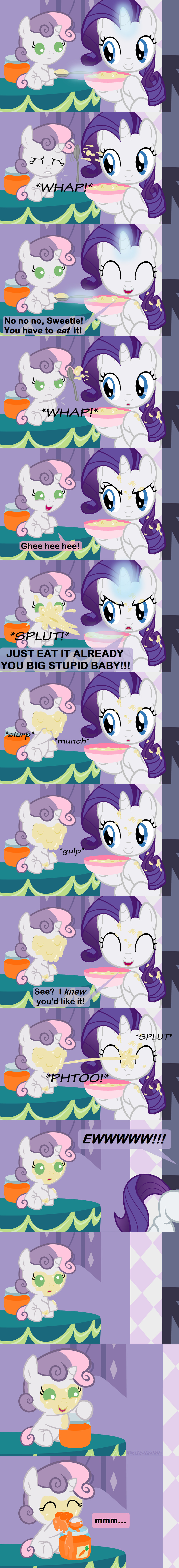 age_difference beavernator blue_eyes bowl comic cute duo english_text equine eyes_closed female feral friendship_is_magic fur green_eyes hair horn horse mammal my_little_pony open_mouth pony purple_hair rarity_(mlp) sibling sisters smile speech_balloon sweetie_belle_(mlp) text two_tone_hair unicorn white_fur