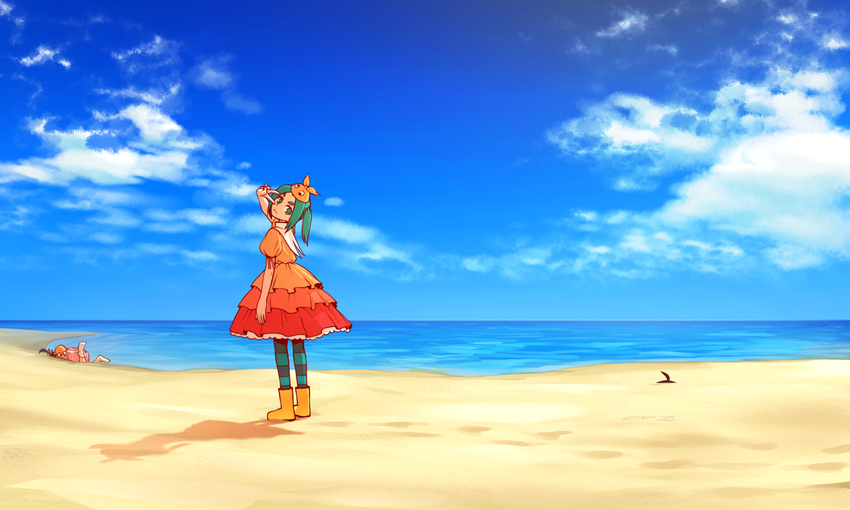 2girls ahoge araragi_koyomi beach boots buried cloud commentary day dress green_hair hachikuji_mayoi hat highres long_hair looking_at_viewer md5_mismatch monogatari_(series) multiple_girls nisemonogatari ocean ononoki_yotsugi orz orz_(orz57) outdoors pantyhose rubber_boots shaft_look sky standing striped striped_legwear twintails v