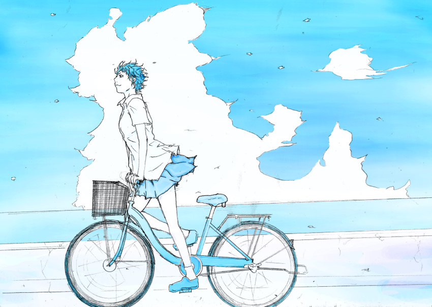 1girl bicycle bicycle_basket blue blue_bicycle blue_footwear blue_sky closed_mouth cloud collared_shirt commentary_request from_side ground_vehicle highres monochrome ocean original pleated_skirt shirt shoes short_hair short_sleeves skirt sky smile solo white_shirt wing_collar yokotakumi