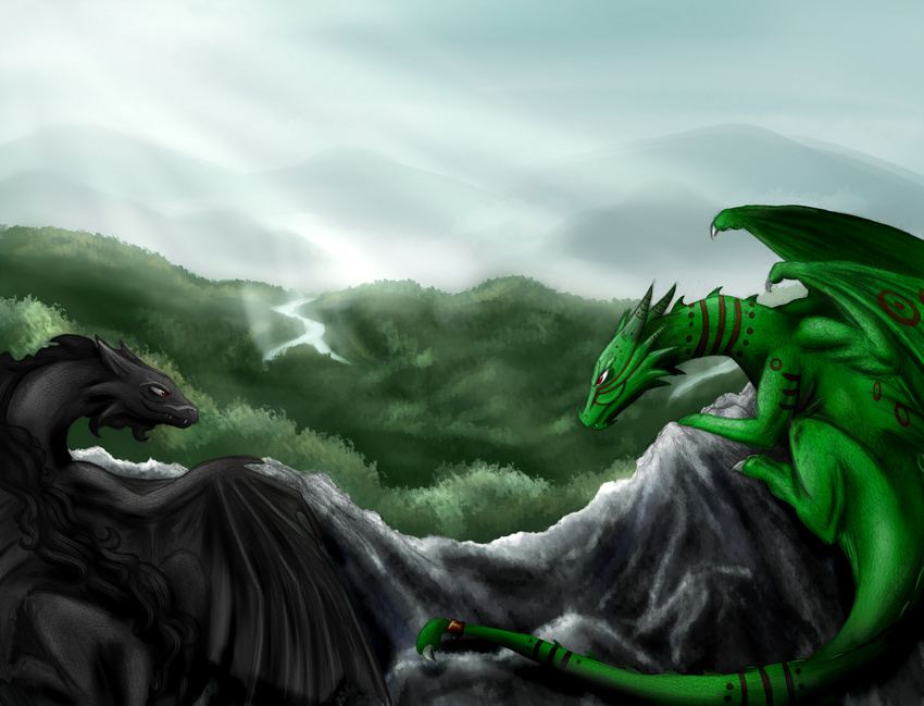 absurd_res alice4444dm black_scales dragon duo green_scales hi_res male outside red_eyes scalie sharp_teeth teeth wings