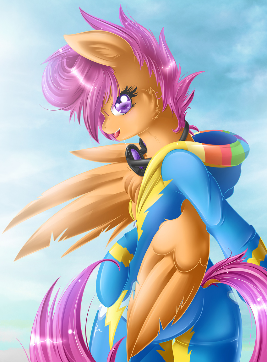 big_butt butt equine eyewear female friendship_is_magic fur goggles hair hi_res horse knifeh looking_at_viewer looking_back mammal my_little_pony open_mouth orange_fur outside pegasus pink_hair pony purple_eyes purple_hair scootaloo_(mlp) short_hair smile solo standing suit tongue wings zipper