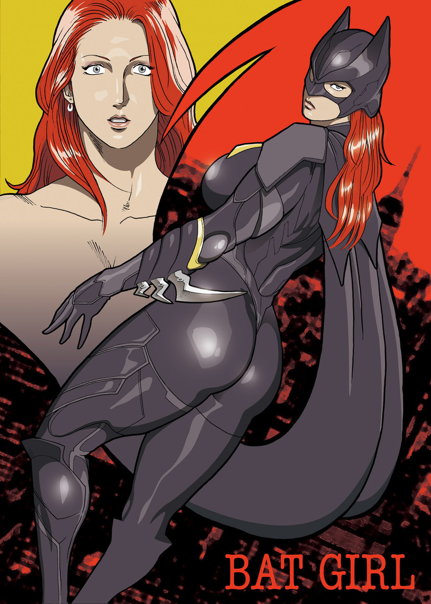 ass barbara_gordon batgirl batman_(series) bodysuit boots cape character_name dc_comics dual_persona earrings gauntlets gray_eyes grey_eyes helmet jewelry knee_high_boots mask muscle nappy_happy red_hair skin_tight skintight thick_thighs thighs