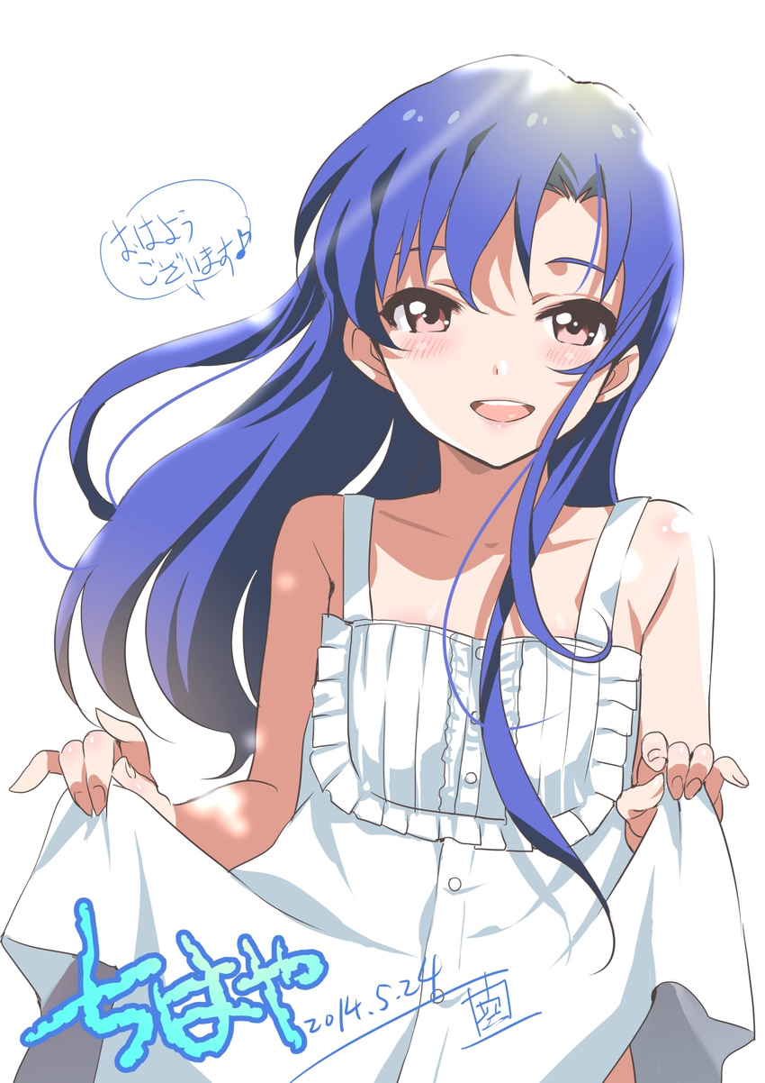 2014 :d blue_hair blush character_name curtsey dated dress flat_chest highres idolmaster idolmaster_(classic) inoue_sora kisaragi_chihaya long_hair open_mouth out-of-frame_censoring purple_eyes signature smile solo sundress translated