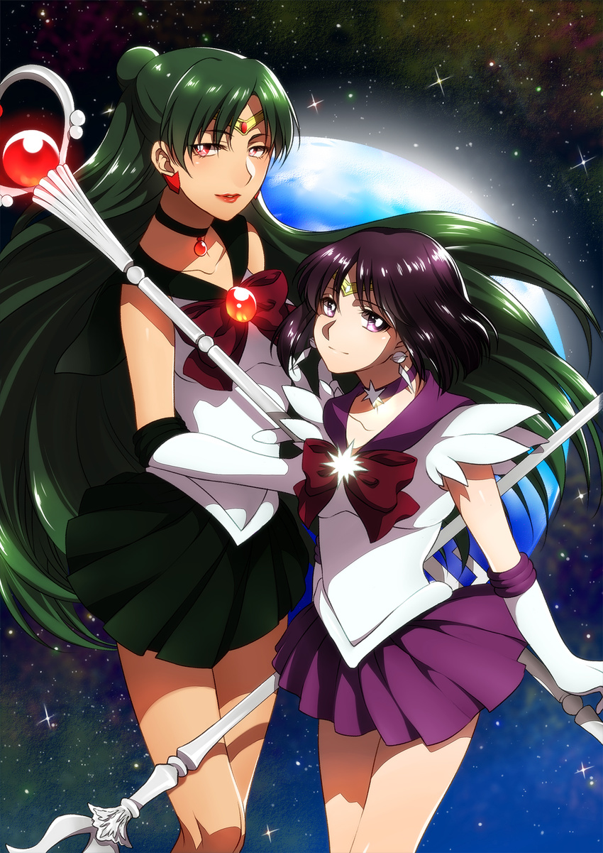 bishoujo_senshi_sailor_moon black_choker bow brown_bow choker circlet earrings earth elbow_gloves garnet_rod gloves green_hair hair_bun highres holding holding_spear holding_staff holding_weapon jewelry lipstick long_hair makeup meiou_setsuna mikura_(miraclemicro) multiple_girls outer_senshi parted_lips pleated_skirt polearm purple_bow purple_eyes purple_hair purple_sailor_collar red_eyes red_lipstick sailor_collar sailor_pluto sailor_saturn sailor_senshi sailor_senshi_uniform short_hair silence_glaive skirt smile space spear staff star star_choker tomoe_hotaru weapon white_gloves