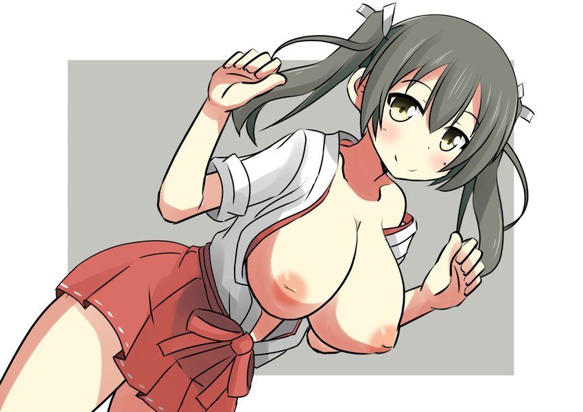 alternate_breast_size bad_id bad_nijie_id black_hair blush breasts breasts_outside inverted_nipples japanese_clothes kantai_collection large_breasts looking_at_viewer miko naruse_mai nipples smile solo twintails yellow_eyes zuikaku_(kantai_collection)