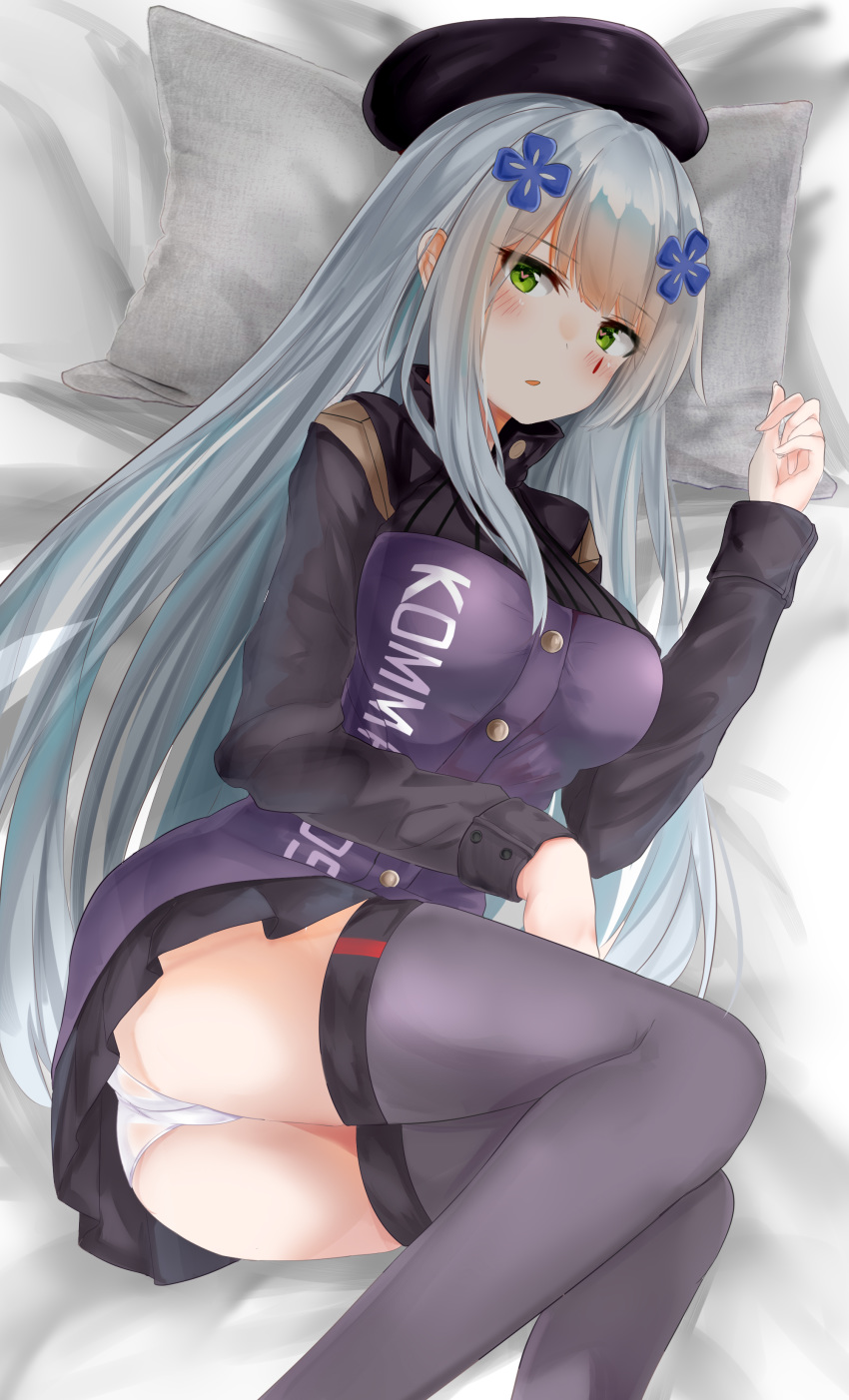 absurdres ass bangs beret blunt_bangs blush breasts clothes_writing commentary_request eyebrows_visible_through_hair facial_mark girls_frontline green_eyes hair_ornament hat heart heart-shaped_pupils highres hk416_(girls_frontline) jacket long_hair looking_at_viewer lying medium_breasts on_bed on_side open_mouth panties pantyshot pantyshot_(lying) pillow plaid plaid_skirt pleated_skirt purple_legwear ru_zhai silver_hair skirt solo symbol-shaped_pupils teardrop thighhighs underwear very_long_hair white_panties