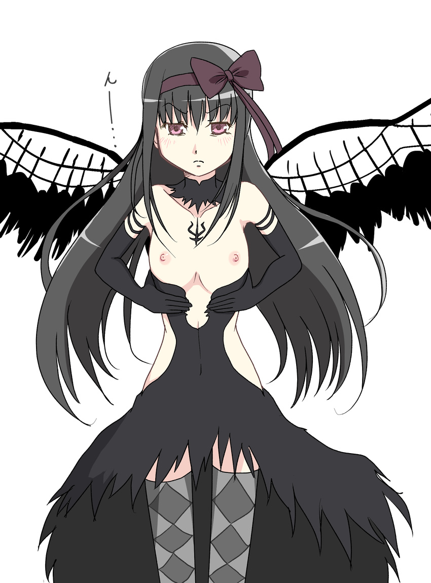 akemi_homura akuma_homura alternate_eye_color argyle argyle_legwear bare_shoulders black_gloves black_hair black_wings bow breasts breasts_outside choker clothes_down dress elbow_gloves feathered_wings flat_chest gloves hair_bow highres kame_no_nin long_hair looking_at_viewer mahou_shoujo_madoka_magica mahou_shoujo_madoka_magica_movie nipples pink_eyes simple_background solo spool thighhighs white_background wings zettai_ryouiki