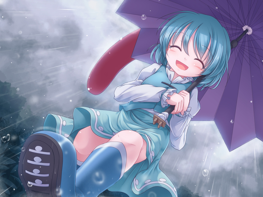 boots closed_eyes cloud cloudy_sky from_below highres juliet_sleeves karakasa_obake long_sleeves lzh open_mouth puffy_sleeves rain rubber_boots shirt skirt skirt_set sky smile solo tatara_kogasa touhou umbrella upskirt vest walking