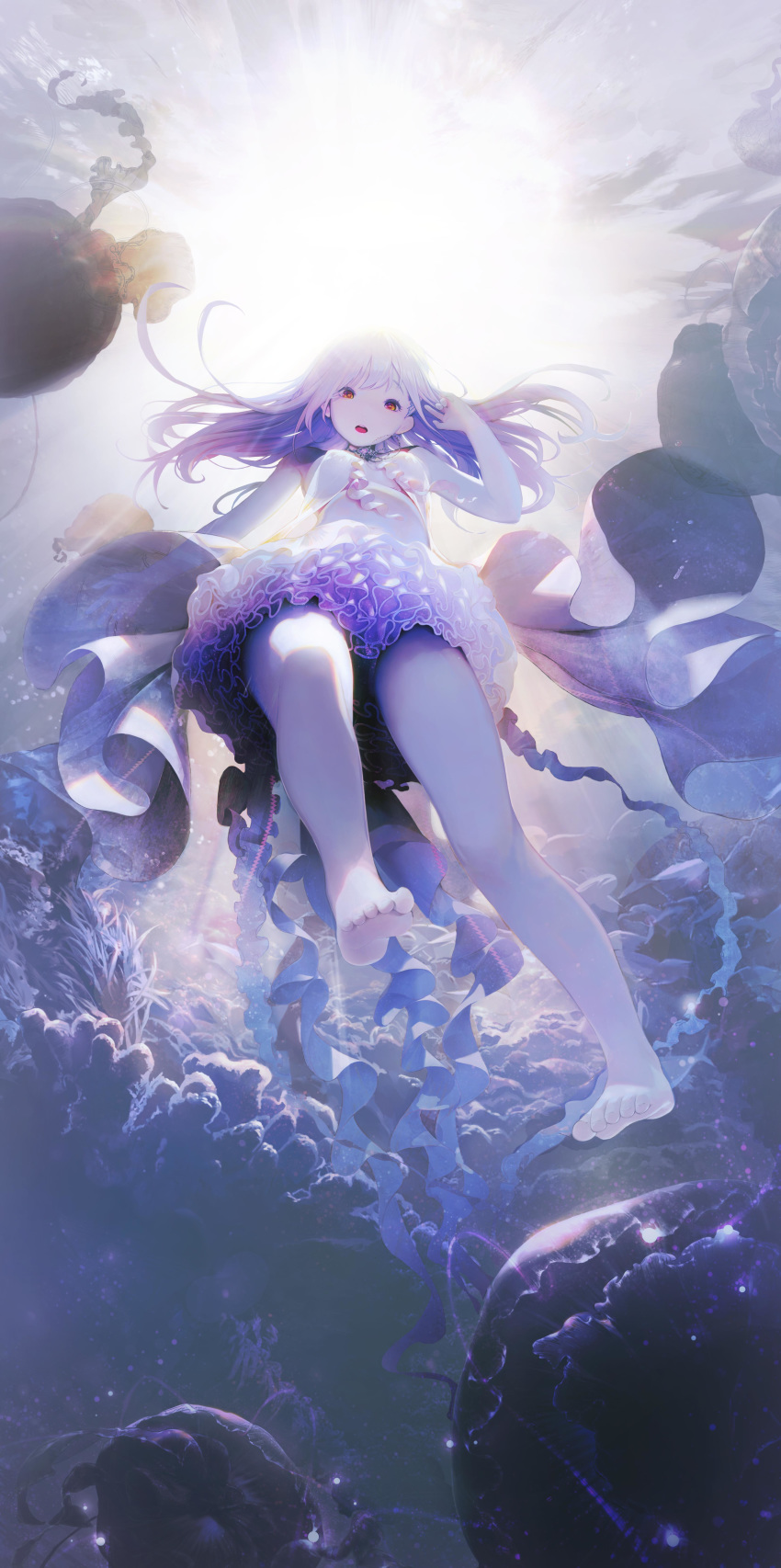 absurdres collar coral dress feet gem glowing grey_hair highres jellyfish jewelry long_hair looking_at_viewer mieyuckman multicolored multicolored_eyes open_mouth original red_eyes seaweed silver_hair solo underwater water yellow_eyes