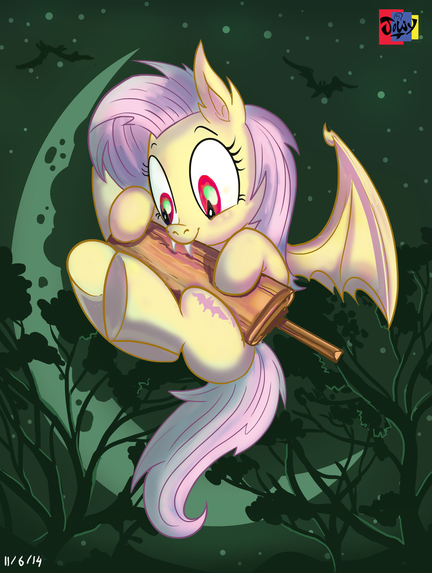 bat_wings bite cricket_bat cutie_mark equine fangs female flutterbat_(mlp) fluttershy_(mlp) flying friendship_is_magic hair jowybean mammal moon my_little_pony night outside pegasus pink_hair red_eyes solo tree vampire wings