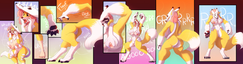 big_breasts breast_grab breasts butt canine chest_tuft claws comic female fox fox_tail fur growth hair human hybrid long_hair long_tongue magic mammal mask navel nipples nude open_mouth panic_(emotion) pawpads pink_hair pink_nipples post_transformation pubes pussy sequence shocked solo standing text tongue tongue_out transformation tuft watsup white_fur wide_hips yellow_eyes yellow_fur