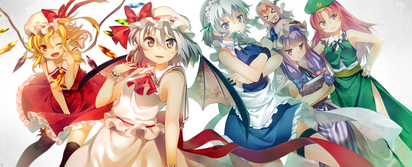 &gt;_&lt; :d :| ;d apron ascot bat_wings between_fingers black_legwear blue_dress book book_hug bow braid chibi chinese_clothes closed_eyes closed_mouth coat crescent crossed_arms dress fangs flandre_scarlet grimoire hair_ribbon hands_on_hips hat hat_bow head_wings highres holding holding_book hong_meiling izayoi_sakuya knife koakuma long_hair looking_at_viewer maid maid_headdress mob_cap multiple_girls niwashi_(yuyu) one_eye_closed open_clothes open_coat open_mouth outstretched_arms over-kneehighs patchouli_knowledge pink_dress purple_dress purple_eyes purple_hair red_dress red_eyes red_hair remilia_scarlet ribbon sash shirt siblings side_ponytail side_slit silver_hair sisters skirt skirt_set sleeveless sleeveless_dress sleeveless_shirt smile star striped striped_dress thigh_strap thighhighs touhou tress_ribbon twin_braids v-shaped_eyebrows very_long_hair vest waist_apron wings wrist_cuffs zettai_ryouiki