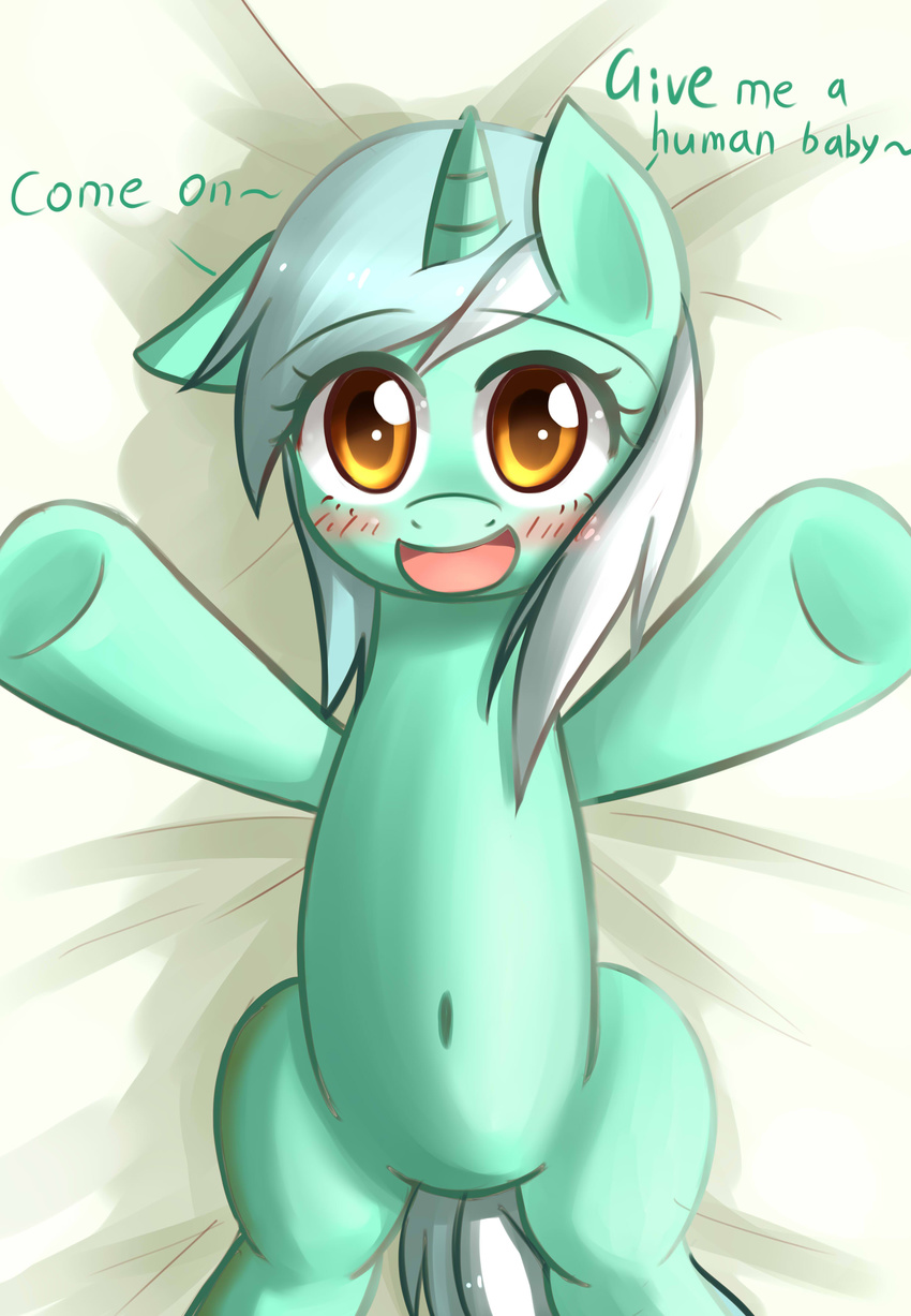 blush dialog dyoung english_text equine female friendship_is_magic fur green_fur hair hi_res hooves horn horse looking_at_viewer lying lyra_heartstrings_(mlp) mammal my_little_pony navel on_bed open_mouth pony smile solo text two_tone_hair unicorn yellow_eyes