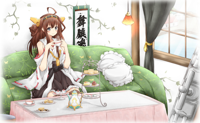 ahoge bare_shoulders brown_hair cake checkerboard_cookie cookie couch cup curtains detached_sleeves food grey_eyes hair_ornament highres japanese_clothes kantai_collection karamoneeze kongou_(kantai_collection) long_hair long_sleeves pillow plate revision sash shirt sign sitting skirt smile solo teacher teacup teapot tiered_tray wide_sleeves window