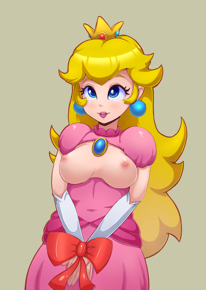 breasts clothing crown female hair invalid_tag mario_bros nintendo nipples polkin princess princess_peach royalty solo video_games