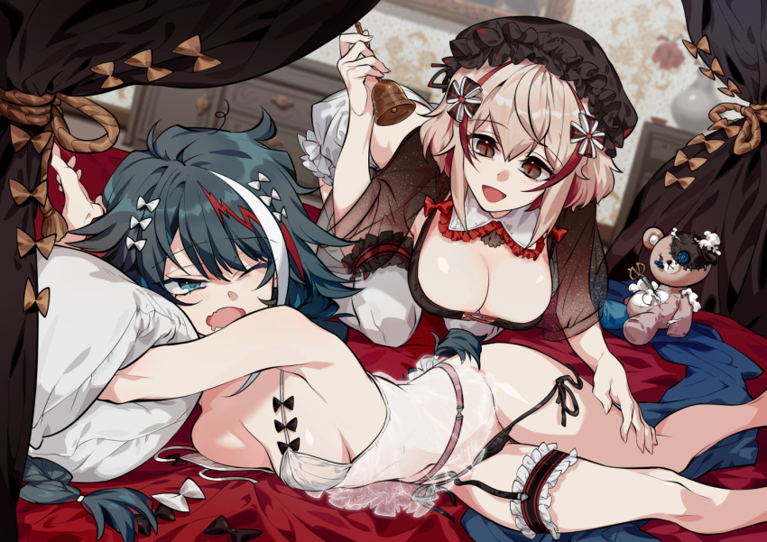 2girls :d ;o azur_lane babydoll black_eyes black_hair black_panties blue_eyes blurry blurry_background bow braid breasts cleavage depth_of_field deutschland_(azur_lane) drooling dutch_angle eyebrows_visible_through_hair frill_trim hair_bow hat hatoe_hato indoors large_breasts leg_garter lingerie long_hair lying medium_breasts multicolored_hair multiple_girls nightcap on_bed on_side one_eye_closed open_mouth panties panty_pull pink_hair roon_(azur_lane) see-through short_hair side-tie_panties single_braid single_garter_strap smile streaked_hair string_panties stuffed_animal stuffed_toy teddy_bear underwear white_legwear