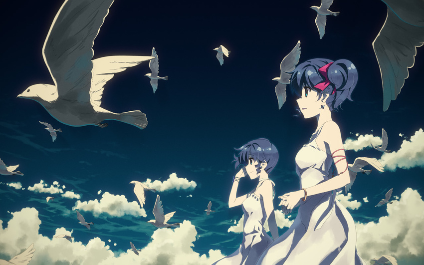 bird blue_hair cloud dj_max dj_max_portable dress flock flying ladymade_star multiple_girls seagull siblings sisters sky sundress twins twintails yuuki_tatsuya