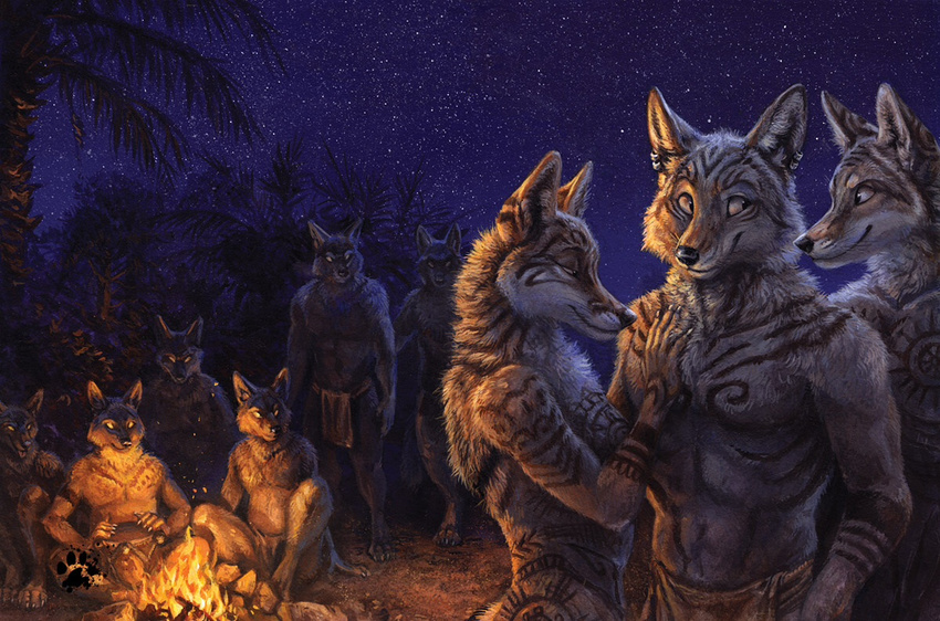 blotch canine canines clothing cover dirt female fire fox fur ground male mammal marks muscles night nude orange_fur painting palm_trees preview smile traditional_media tribe whiskers yellow_eyes