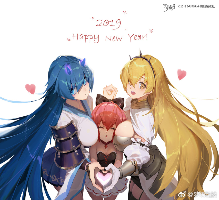 2019 3girls :d armor artist_request bare_shoulders black_legwear blonde_hair blue_eyes blue_hair bow breasts cheek_press collar cowboy_shot eyebrows_visible_through_hair faulds fingers_together garter_straps girl_sandwich hair_bow hairband hand_holding happy_new_year heart heart_hands_trio interlocked_fingers japanese_armor long_hair looking_at_viewer mengjing_lianjie multiple_girls new_year one_eye_closed open_mouth own_hands_together pink_hair pleated_skirt sandwiched short_hair shoulder_armor skirt small_breasts smile sode thighhighs very_long_hair wide_sleeves yellow_eyes
