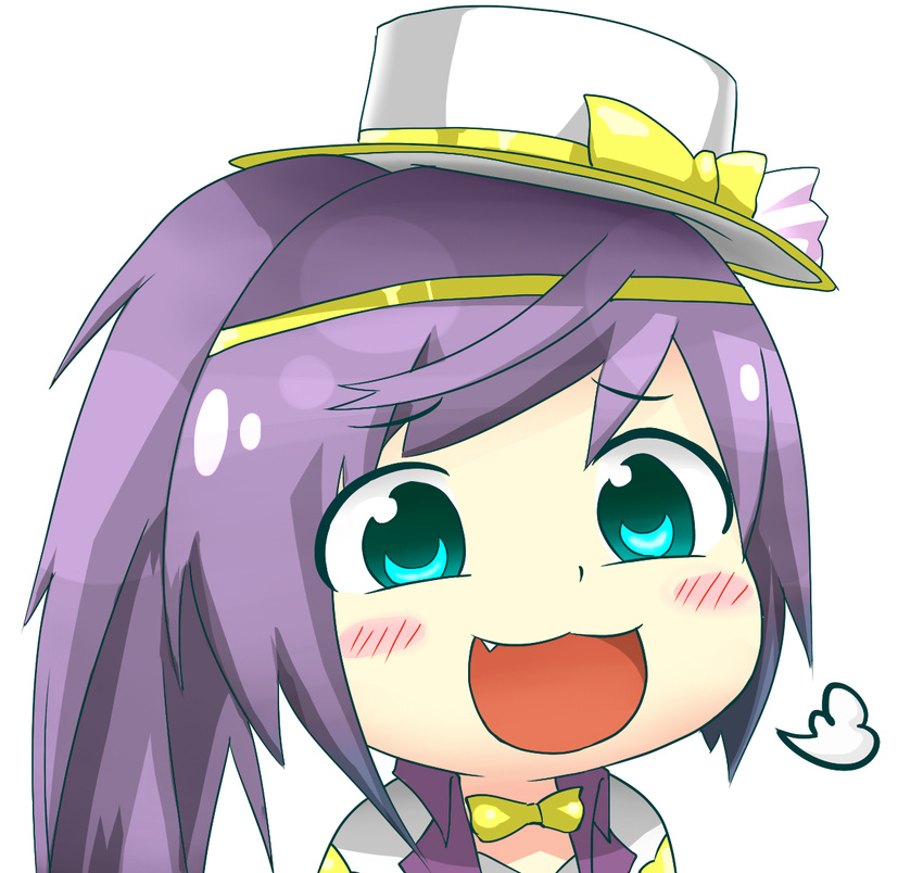 :3 blue_eyes blush bow bowtie chibi fang gyate_gyate hat hat_bow kanchigai laughing long_hair open_mouth ponytail purple_hair puzzle_&amp;_dragons ruka_(p&amp;d) simple_background smile solo top_hat white_background white_hat yellow_bow