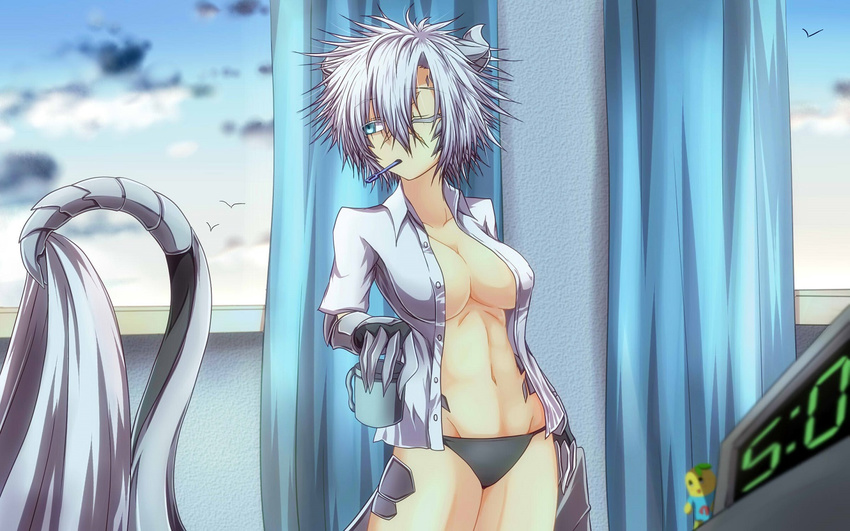 animal_ears bed_sheet bird black_panties blue_eyes blue_sky breasts claws clock cloud cloudy_sky collarbone colored_eyelashes commentary_request cup curtains day digital_clock dragon_ears dragon_girl dragon_tail g_(desukingu) hair_between_eyes holding large_breasts looking_away messy_hair monster_girl mouth_hold mug navel one_eye_closed open_clothes original panties scales shirt short_hair silver_hair sky standing tail tail_hold topless tsubasa_ryuuji underwear wallpaper white_eyelashes white_shirt window