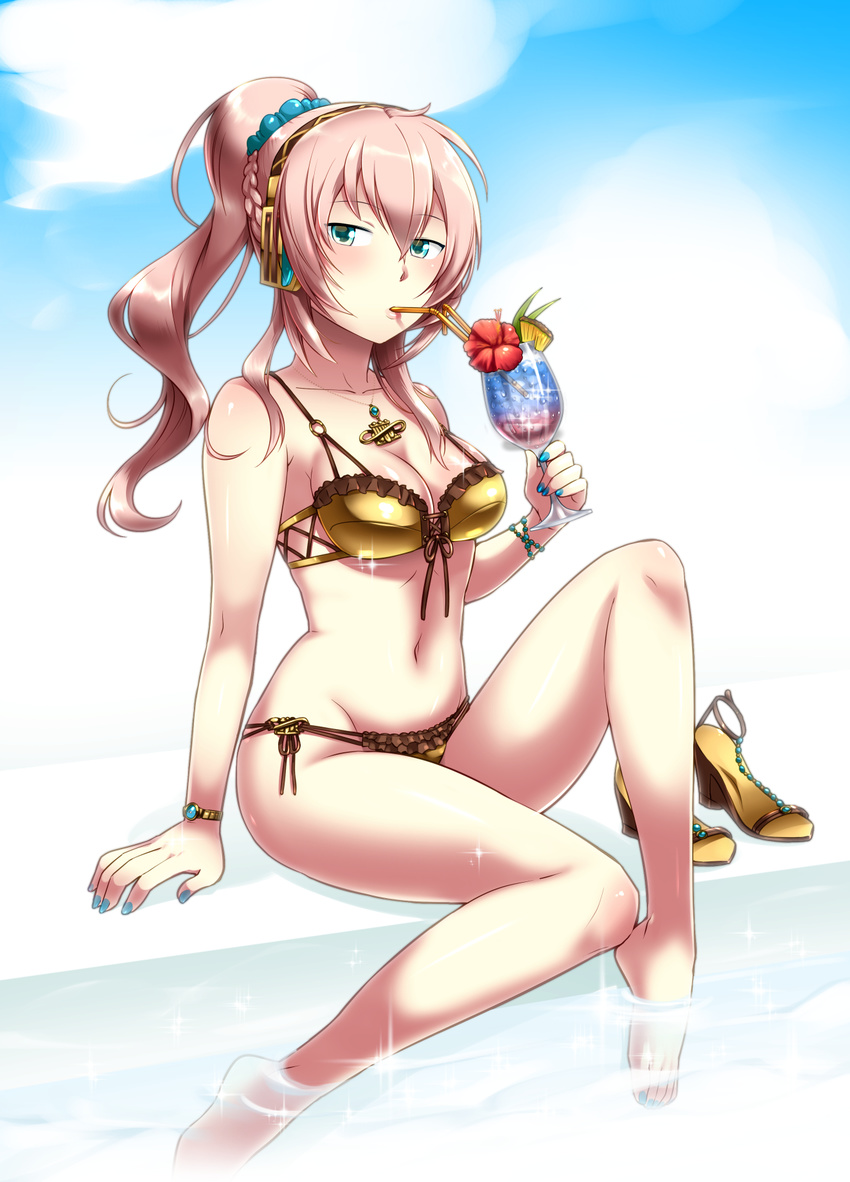 alternate_costume alternate_hairstyle aqua_eyes bare_shoulders barefoot bikini breasts caffein cleavage cup drink drinking drinking_glass drinking_straw highres long_hair medium_breasts megurine_luka nail_polish navel pink_hair ponytail sandals shoes_removed side-tie_bikini sitting sky soaking_feet solo swimsuit toenail_polish tropical_drink vocaloid