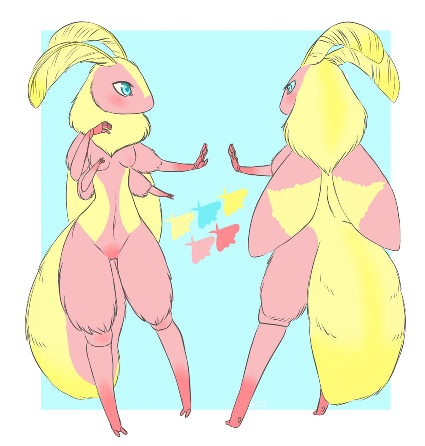 arthropod blue_eyes candycorn_(artist) female hi_res insect model_sheet moth rosy_maple_moth solo wings
