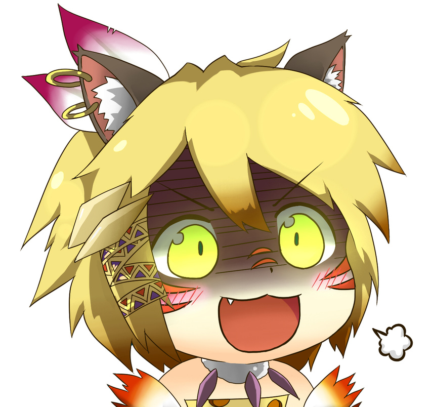 :3 animal_ears bare_shoulders blonde_hair cat_ears chibi earrings facial_mark fang feathers fuu_(p&amp;d) glowing glowing_eyes green_eyes gyate_gyate hair_feathers hair_ornament hoop_earrings jewelry kanchigai leopard_ears multiple_earrings necklace open_mouth puzzle_&amp;_dragons shaded_face short_hair simple_background smile solo white_background