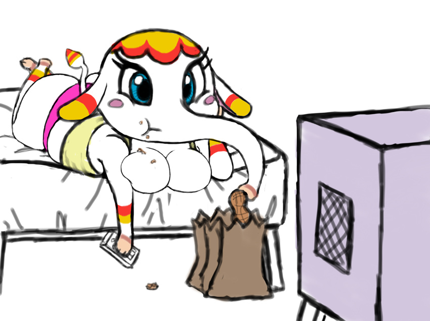animal_crossing bag bed big_breasts blue_eyes blush breasts bronze_stew butt chubby cleavage clothed clothing colored eating elephant eyelashes lying mammal margie markings nintendo on_stomach pajamas panties peanuts peanuts_(food) remote television underwear video_games work_in_progress