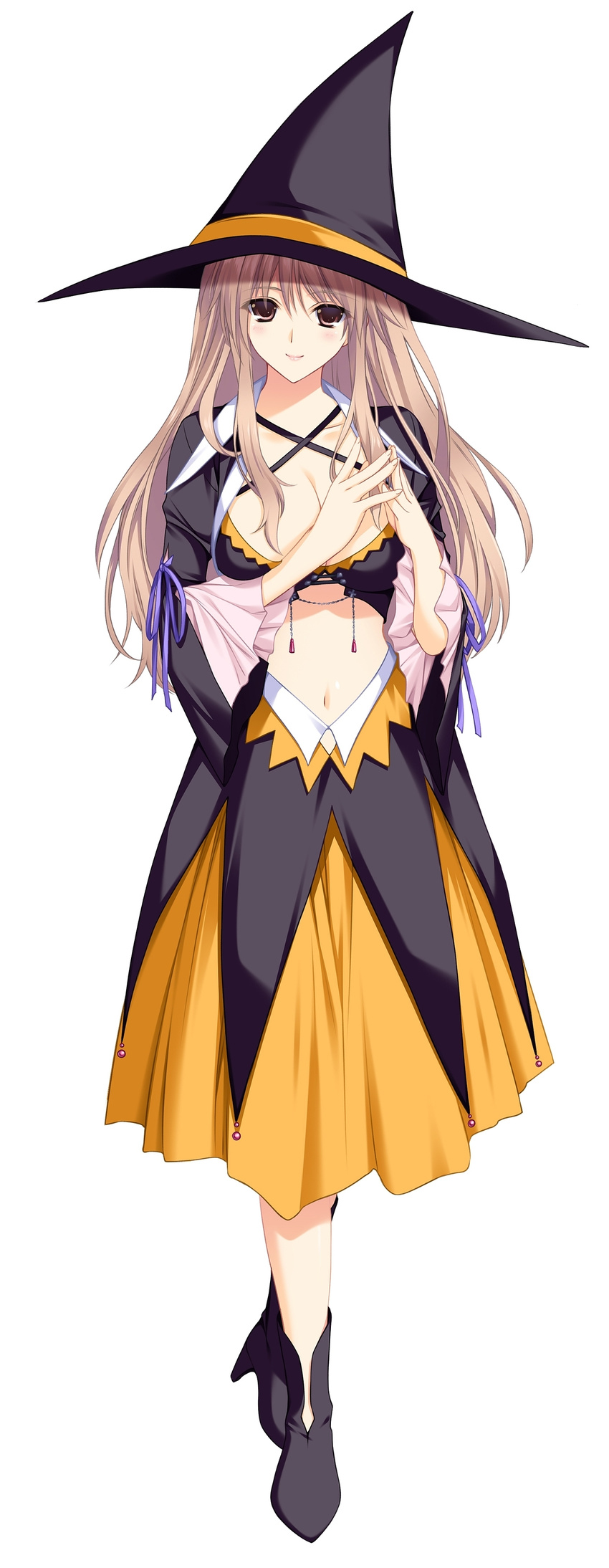 absurdres blonde_hair breasts brown_hair cleavage dress full_body hat highres iizuki_tasuku large_breasts long_hair looking_at_viewer lovely_x_cation navel simple_background smile solo tsukioka_misasa witch witch_hat