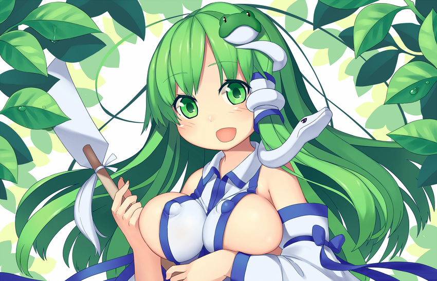 breasts covered_nipples detached_sleeves frog_hair_ornament gohei green_eyes green_hair hair_ornament highres kochiya_sanae large_breasts leaf long_hair looking_at_viewer mikan_(bananoha) open_mouth sideboob snake_hair_ornament solo touhou