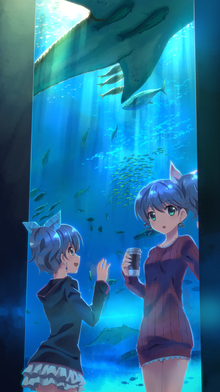 :d :o aquarium blue_eyes blue_hair casual coffee_cup cup disposable_cup dj_max dj_max_portable dress earrings fish highres hood hoodie jewelry ladymade_star multiple_girls open_mouth ribbed_dress short_hair siblings side_ponytail sisters skirt smile twins underwater yuuki_tatsuya