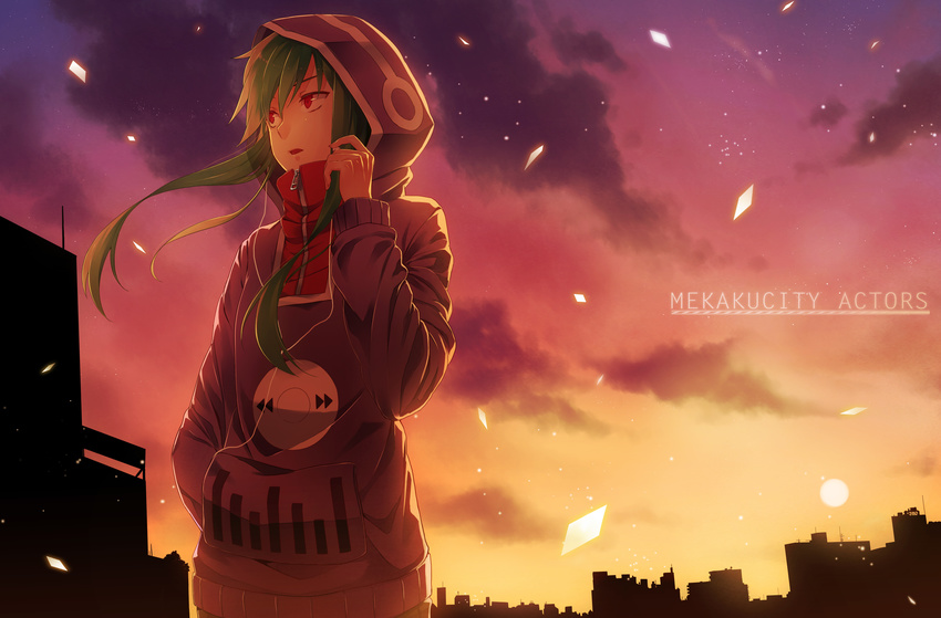 absurdres bad_id bad_pixiv_id city cityscape cloud commentary copyright_name earphones green_hair hand_in_pocket highres hood hoodie kagerou_project kido_tsubomi long_hair looking_away open_mouth orange_sky purple_sky red_eyes remirya_koumakan scenery sky solo sunset