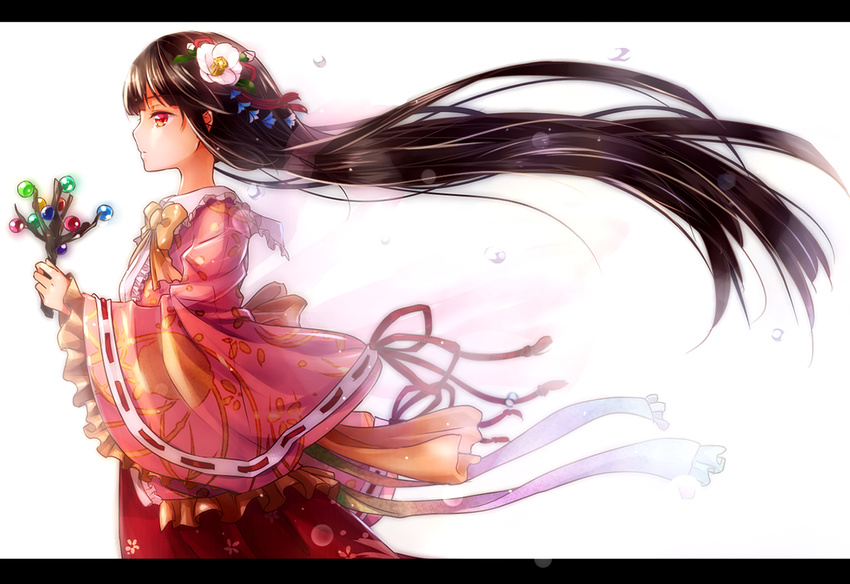 backlighting black_hair bow branch floral_print flower hair_flower hair_ornament highres houraisan_kaguya jeweled_branch_of_hourai letterboxed long_hair long_sleeves profile red_eyes ribbon-trimmed_sleeves ribbon_trim sash shironeko_yuuki shirt skirt solo touhou very_long_hair wide_sleeves wind