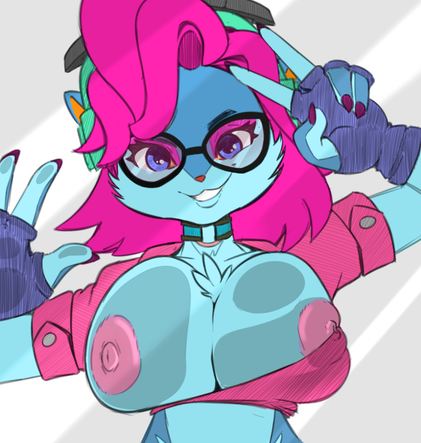 2019 5_fingers anthro big_breasts breasts canine chest_tuft choker clothing color_edit colored digital_media_(artwork) edit exposed_breasts eyewear female fingerless_gloves fox fur glasses gloves grin hair large_areolas looking_at_viewer mammal midriff nipple_slip nipples one_breast_out paladins pepper_(paladins) pink_hair purple_fur saran-rape smile solo tuft unknown_editor v_sign
