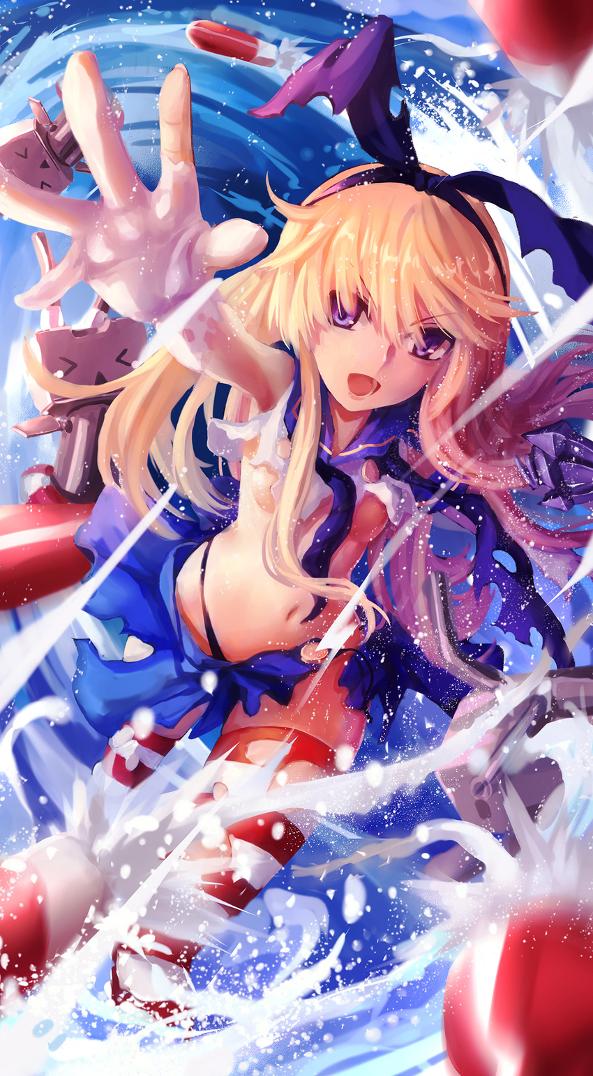 &gt;_&lt; anchor black_panties blonde_hair closed_eyes codec007 elbow_gloves gloves hair_ornament highres kantai_collection lifebuoy long_hair looking_at_viewer open_mouth panties rensouhou-chan shimakaze_(kantai_collection) striped striped_legwear thighhighs torn_clothes torpedo underwear white_gloves