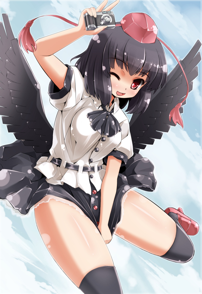 arm_above_head ascot belt bird_wings black_hair blouse blue_sky breasts camera cloud day fang flying geta hat highres looking_at_viewer medium_breasts one_eye_closed open_mouth over-kneehighs red_eyes shameimaru_aya short_hair short_sleeves sibelurabbi skirt skirt_tug sky smile solo tengu-geta thighhighs tokin_hat touhou v wings