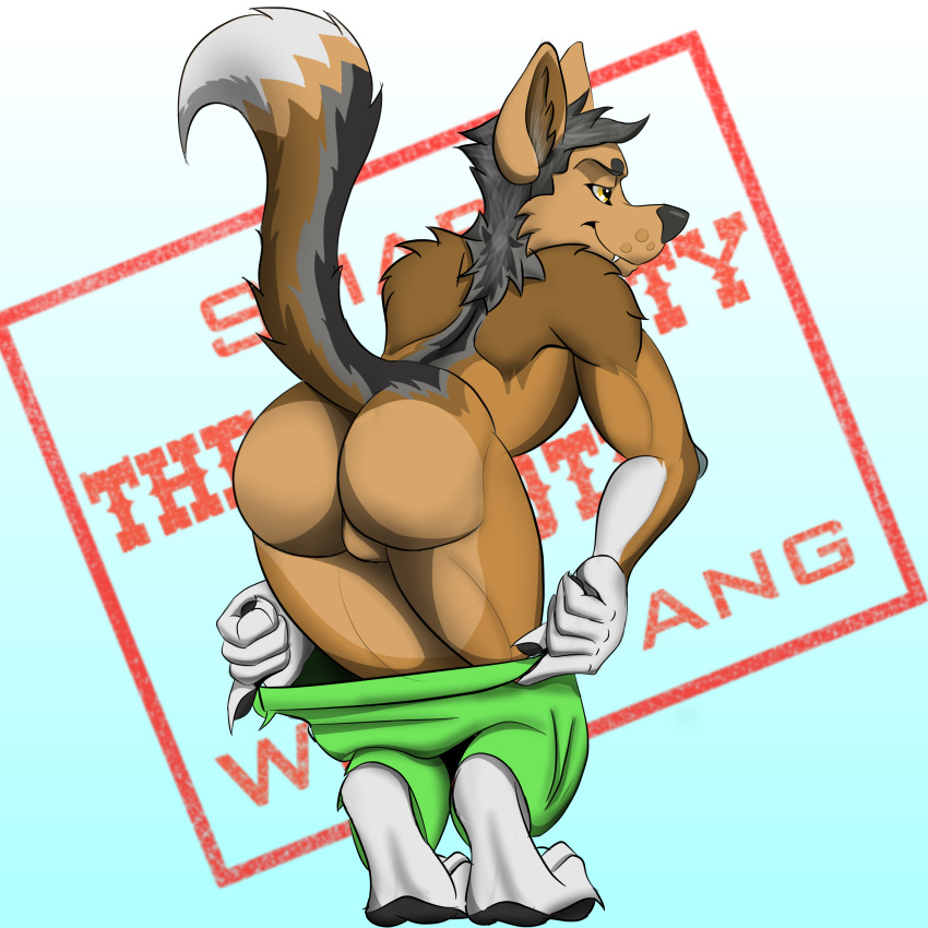 anthro backsack ball balls barefoot black_pawpads butt canine claws clothed clothing coyote cute_fangs half-closed_eyes male male/male mammal pawpads presenting presenting_hindquarters smartwhitefang smile smirk solo topless undressing