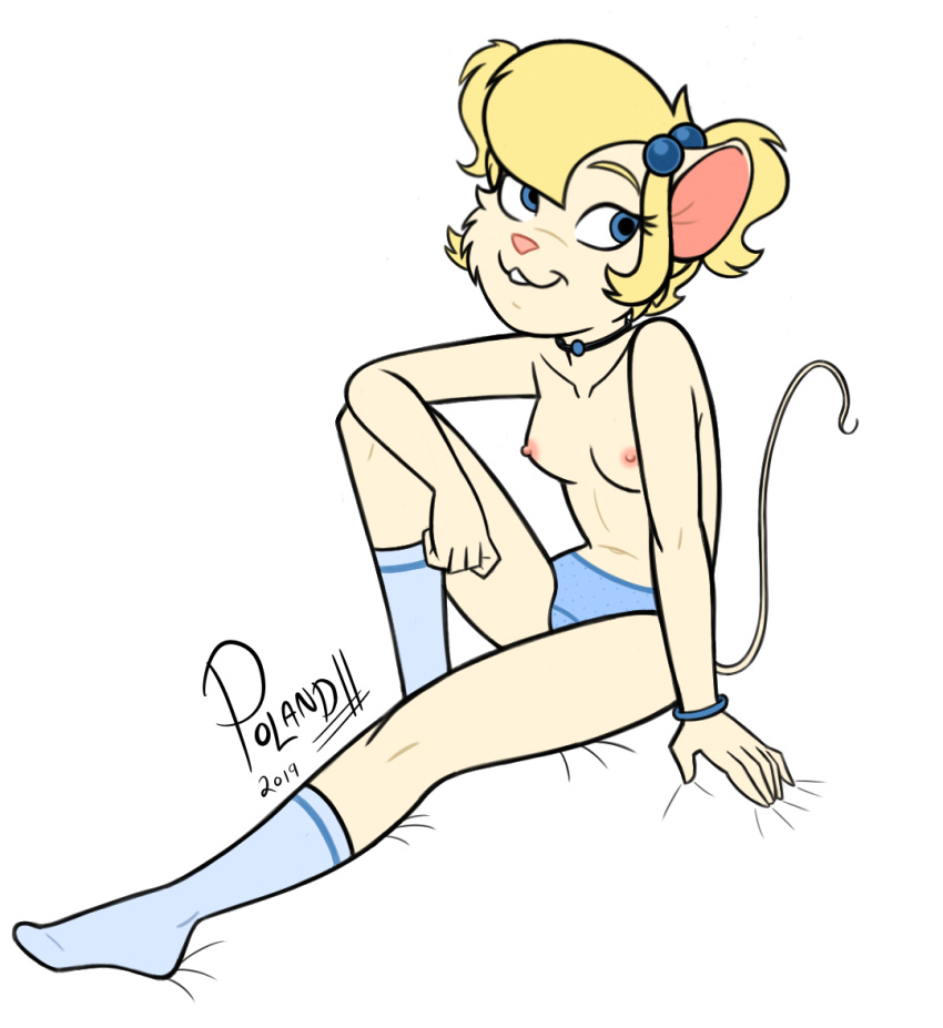 2019 5_fingers anthro blonde_hair blue_eyes breasts buckteeth choker clothed clothing female fur hair hi_res legwear mammal mouse navel nipples panties poland_(artist) rodent short_hair simple_background sitting socks solo sonny_glitter teeth thin_tail topless underwear white_fur