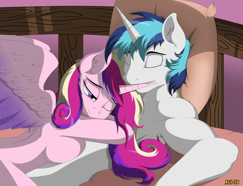 absurd_res ags-30 anthro anthrofied bed blue_hair breasts duo equine eyes_closed female friendship_is_magic hair hi_res horn husband_and_wife male mammal messy_hair multi-colored_hair my_little_pony nude one_eye_closed pillow princess_cadance_(mlp) purple_eyes shining_armor_(mlp) side_boob unicorn winged_unicorn wings