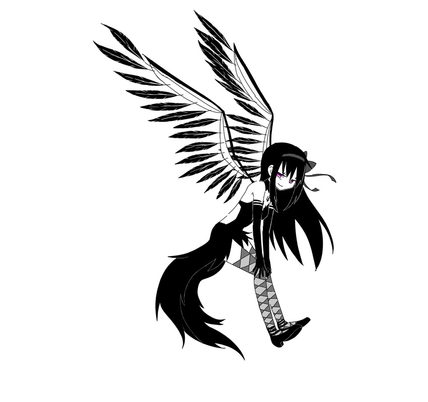 akemi_homura akuma_homura argyle argyle_legwear bare_shoulders black_gloves black_hair black_wings bow choker dress elbow_gloves feathered_wings gloves greyscale hair_bow hands_on_own_knees high_heels highres long_hair looking_at_viewer mahou_shoujo_madoka_magica mahou_shoujo_madoka_magica_movie mariel monochrome purple_eyes simple_background smile solo spoilers thighhighs white_background wings zettai_ryouiki