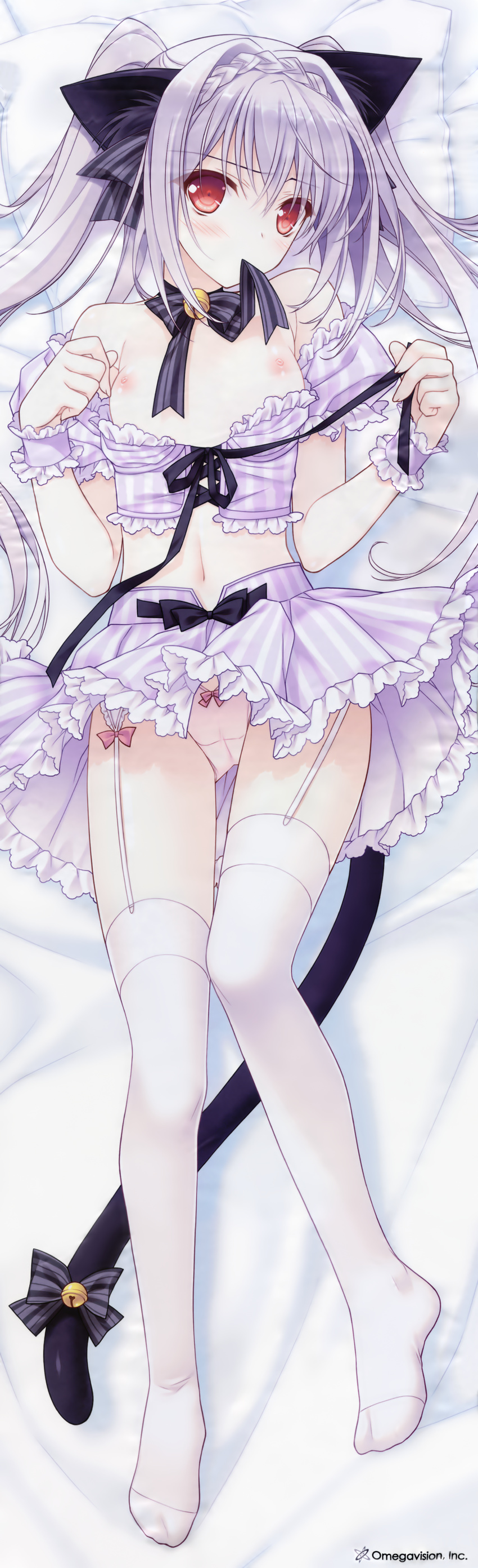 absurdres animal_ears bed_sheet bell bell_collar black_bow black_neckwear blush bow bowtie breasts cat_ears cat_tail collar collarbone crotch_seam dakimakura detached_sleeves from_above full_body garter_straps grey_hair highres huge_filesize legs looking_at_viewer mouth_hold navel nipples otome_riron_to_sono_shuuhen:_ecole_de_paris panties pink_panties red_eyes sakurakouji_luna scan shirt_pull skirt skirt_lift small_breasts solo suzuhira_hiro tail tail_bell tail_bow tareme thighhighs twintails underwear undressing white_legwear wrist_cuffs