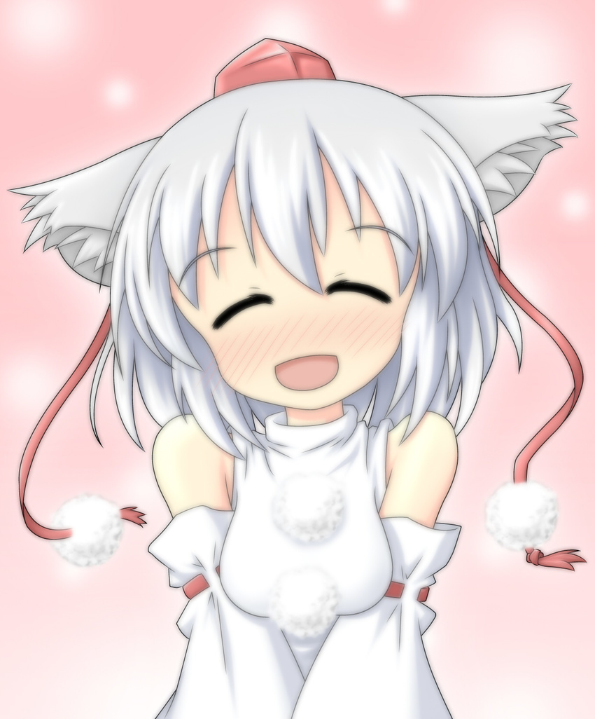 animal_ears bare_shoulders blush breasts closed_eyes detached_sleeves happy hat highres inubashiri_momiji medium_breasts meitou_muku open_mouth pom_pom_(clothes) short_hair silver_hair smile solo tokin_hat touhou v_arms wolf_ears