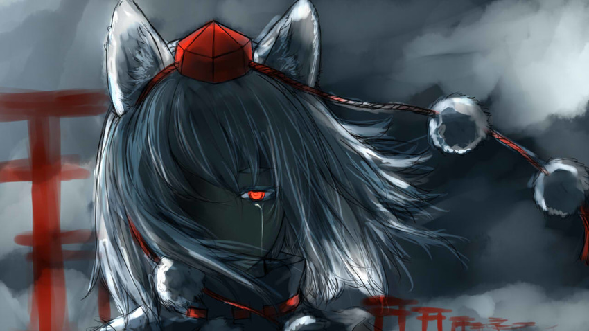 animal_ears crying crying_with_eyes_open glowing glowing_eye hat inubashiri_momiji pom_pom_(clothes) red_eyes shaded_face short_hair silver_hair solo tears tokin_hat touhou wolf_ears zzzzzzzzzzzzzzp