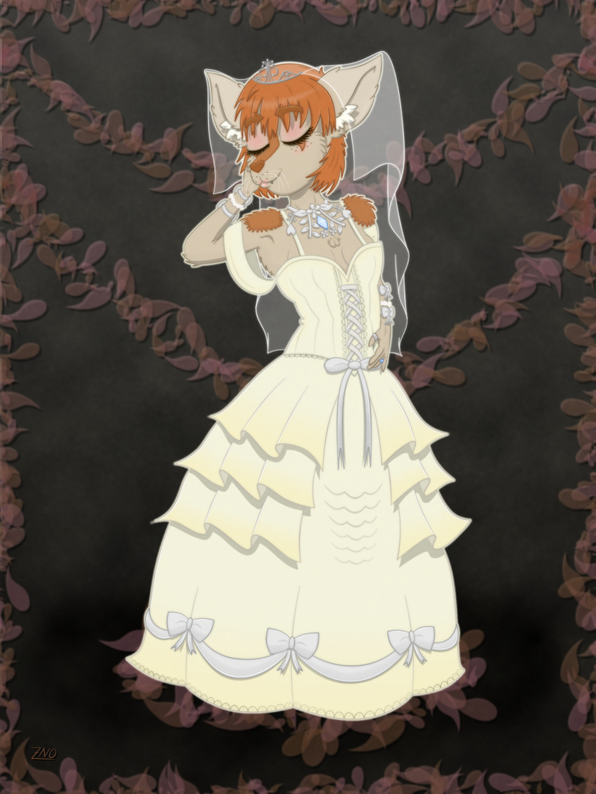 5_fingers anthro badger bow bride brown_fur clothing crown dress eyelashes eyes_closed fangs female freckles fur gem hair hybrid inner_ear_fluff jewelry mammal mustelid orange_hair pearl_(gem) pearls short_hair solo stripes tiara veil wedding_dress zoelnoone_(artist)