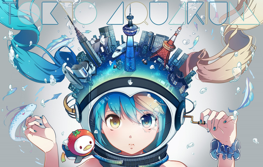 aqua_eyes aqua_hair bird bubble copyright_name diving_helmet fish hatsune_miku helmet heterochromia highres long_hair nail_polish nou penguin solo vocaloid yellow_eyes