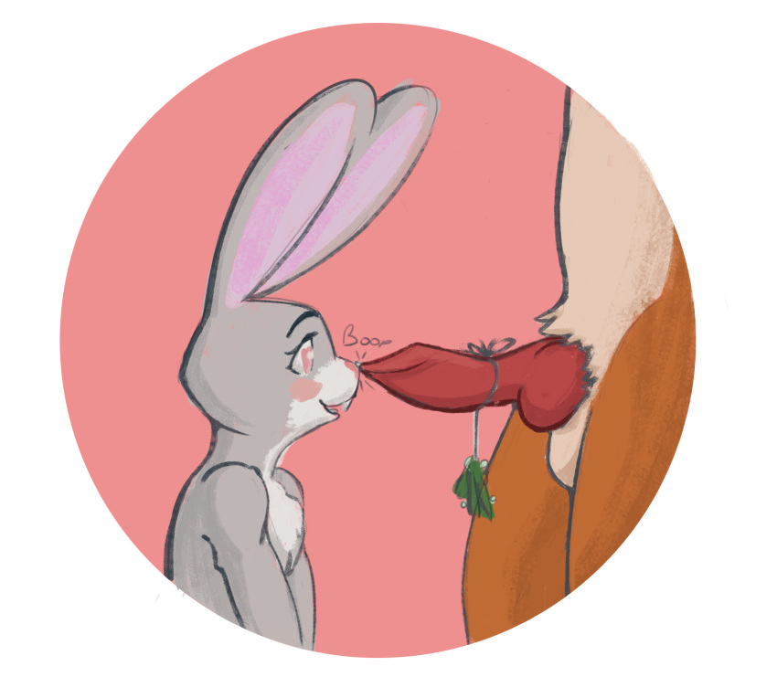 &lt;3 &lt;3_eyes 2019 animal_genitalia animal_penis anthro balls boop buckteeth canine canine_penis chest_tuft christmas disney duo english_text erection female fox holidays judy_hopps knot lagomorph male male/female mammal mistletoe nick_wilde nude penis plant rabbit side_view simple_background sound_effects teabro teeth text tuft zootopia