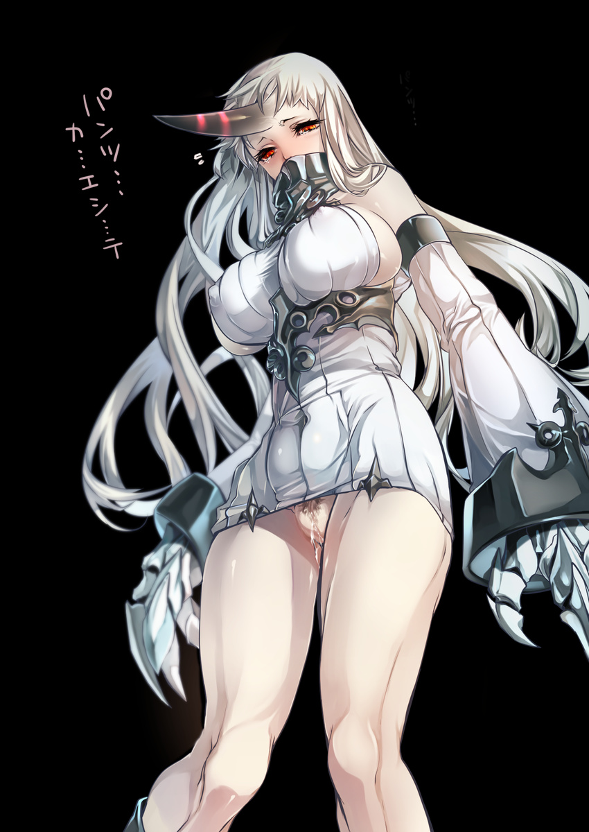 bare_legs bare_shoulders black_background breasts claws covered_nipples detached_sleeves dress highres horn kantai_collection large_breasts long_hair no_panties pale_skin pubic_hair pussy pussy_juice rathke red_eyes ribbed_dress ribbed_sweater seaport_hime shinkaisei-kan short_dress sideboob silver_hair simple_background solo sweater sweater_dress tears translated very_long_hair