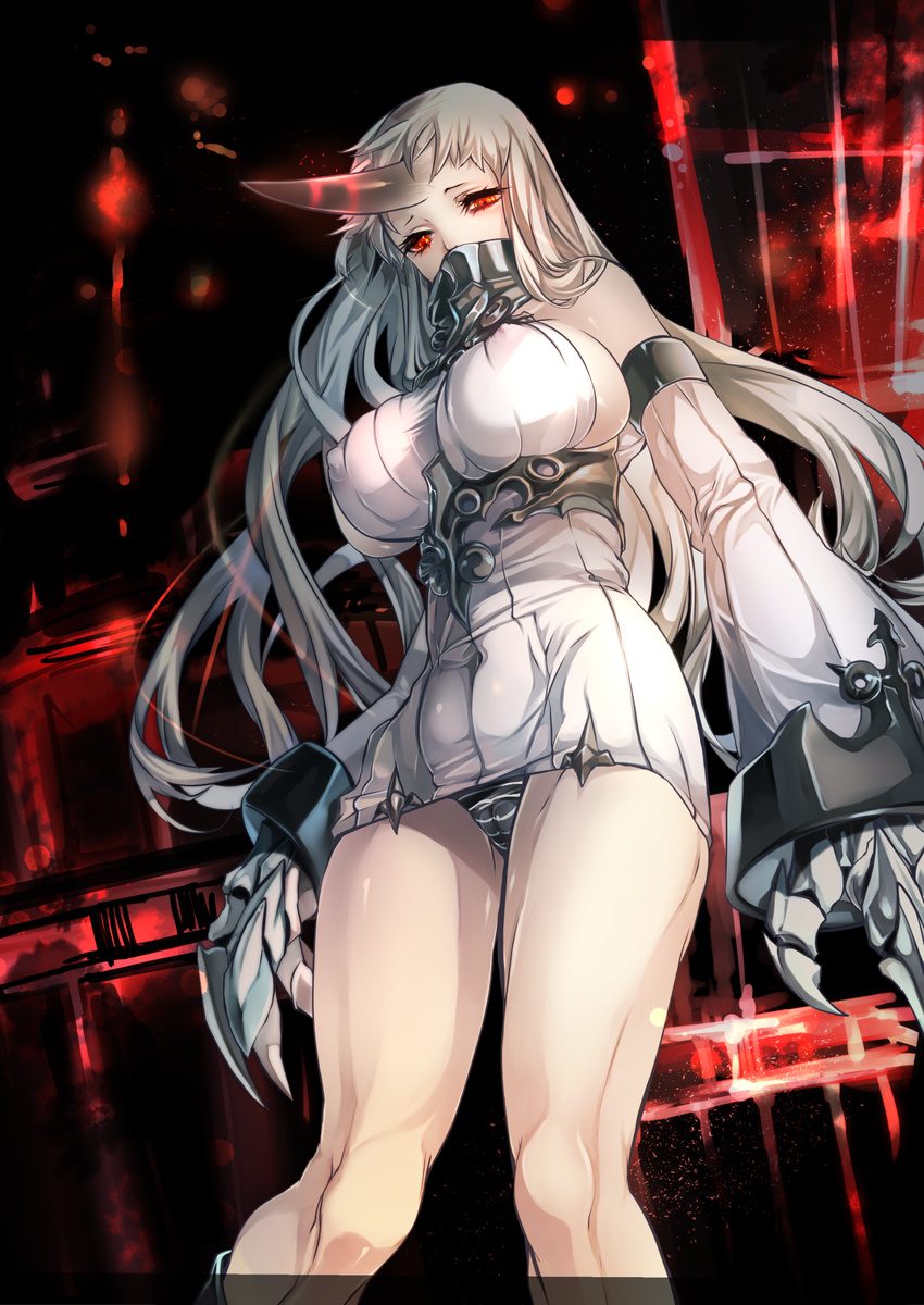 bare_legs bare_shoulders breasts cameltoe claws covered_nipples detached_sleeves dress highres horn kantai_collection large_breasts long_hair pale_skin panties rathke red_eyes ribbed_dress seaport_hime shinkaisei-kan short_dress sideboob silver_hair solo striped striped_panties underwear very_long_hair